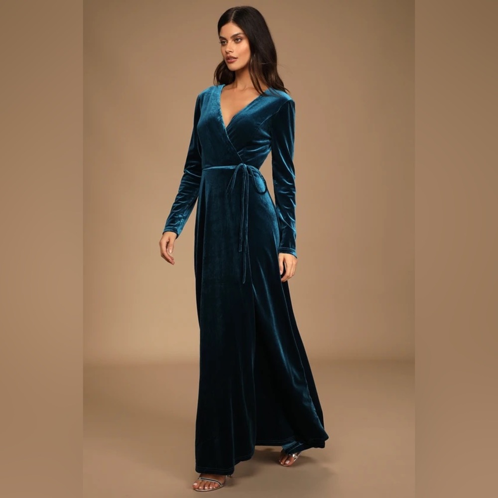 Jacinda Velvet Teal Blue Wrap Maxi Dress